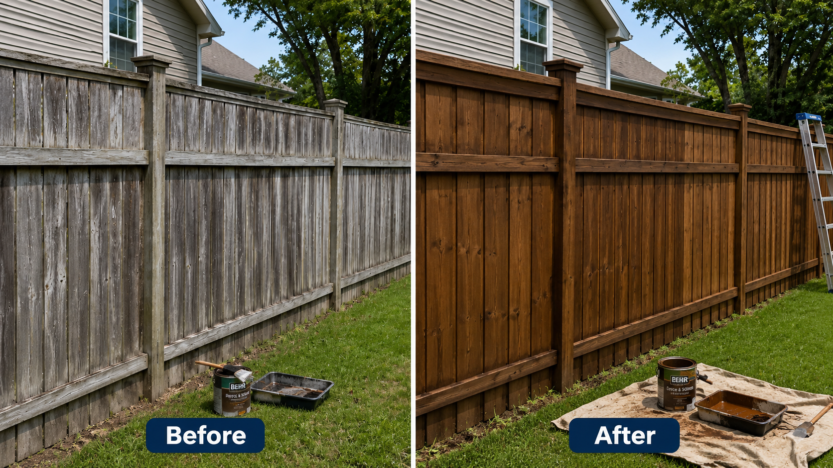 Fence staining before and after